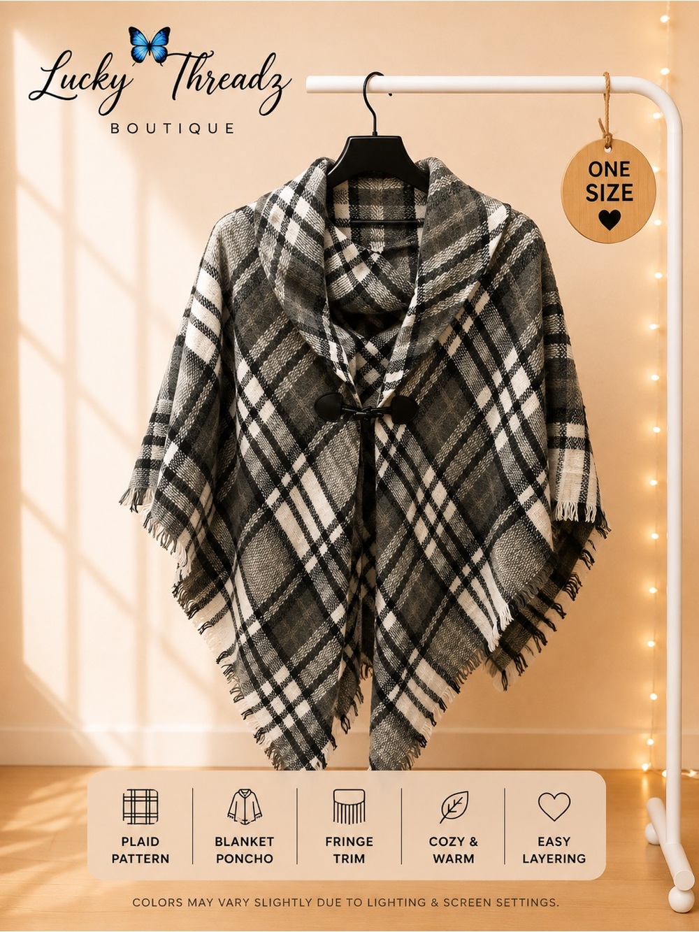 Modena Gray Black White Plaid Blanket Poncho Cape Fringe One Size